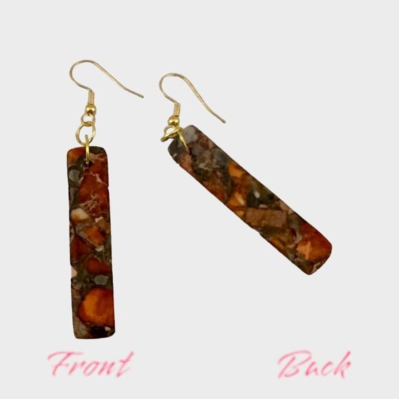 Orange Jasper Impressions Pyrite Earrings Natural Gemstones Gold Plated - Picture 7 of 10
